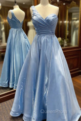 One Shoulder Blue Satin Long Evening Prom Dresses, One Shoulder Blue Long Formal Evening Dresses