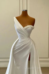 One Shoulder Charmeuse White Wedding Dresses With Beadings Sleeveless Floor Length Elegant