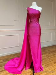 One Shoulder Glitter Mermaid Pink Long Prom Dress