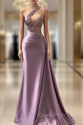 One shoulder Lavender A-line Satin Long Evening Prom Dresses