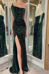 One Shoulder Long Emerald Green Evening Prom Dresses Mermaid Sequin