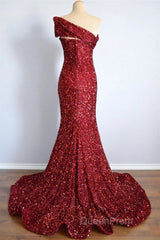 One Shoulder Long Sequins Formal Dresses Burgundy Mermaid
