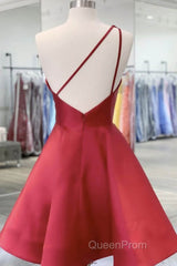 One Shoulder Open Back Burgundy Floral Short Evening Prom Dresses, Wine Red Floral Formal Evening Homecoming Dresses
