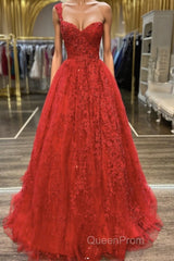 One Shoulder Open Back Red Lace Long Evening Prom Dresses, Sweetheart Neck Red Lace Formal Dresses, Red Evening Dresses