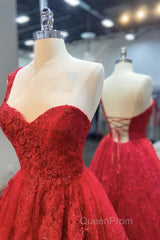 One Shoulder Open Back Red Lace Long Evening Prom Dresses, Sweetheart Neck Red Lace Formal Dresses, Red Evening Dresses