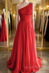 One Shoulder Open Back Red Long Evening Prom Dresses, Backless Red Formal Dresses, Red Evening Dresses