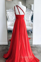 One Shoulder Open Back Red Long Evening Prom Dresses, Backless Red Formal Dresses, Red Evening Dresses