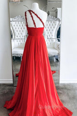 One Shoulder Open Back Red Long Evening Prom Dresses, Backless Red Formal Graduation Evening Dresses