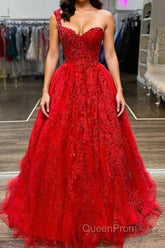 One Shoulder Red Lace Evening Prom Dresses, One Shoulder Red Lace Formal Evening Dresses