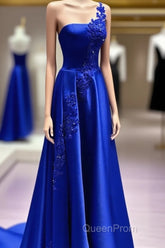 One Shoulder Satin Floor Length Evening Prom Dresses Appliques