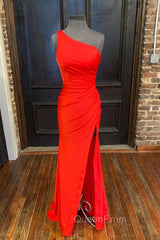 One Shoulder Satin Evening Dresses With Slit
