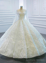 Online Store White Ball Gown Lace Appliques Long Sleeve Beading Wedding Dress