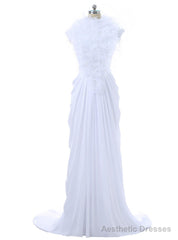 Open Back Formal Celebrity Dresses Mermaid Cap Sleeves Chiffon Lace Feather