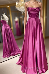 Open Back Fuchsia Satin Ruched Long Evening Prom Dresses, Long Fuchsia Formal Graduation Evening Dresses