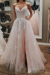 Open Back Pink Tulle Lace Long Evening Prom Dresses with Appliques, Pink Lace Formal Graduation Evening Dresses