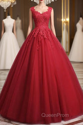 Open Back Red Lace Long Evening Prom Dresses, Red Lace Formal Evening Dresses, Red Ball Gown