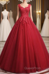 Open Back Red Lace Long Evening Prom Dresses, Red Lace Formal Evening Dresses, Red Ball Gown