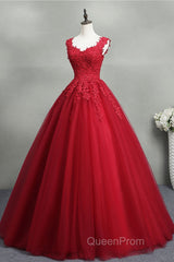 Open Back Red Lace Long Evening Prom Dresses, Red Lace Formal Evening Dresses, Red Ball Gown