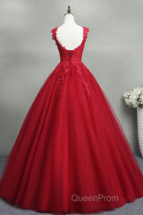Open Back Red Lace Long Evening Prom Dresses, Red Lace Formal Evening Dresses, Red Ball Gown