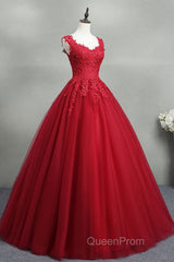 Open Back Red Lace Long Evening Prom Dresses, Red Lace Formal Evening Dresses, Red Ball Gown