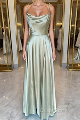 Open Back Sage Satin Long Evening Prom Dresses with High Slit, Long Sage Formal Graduation Evening Dresses