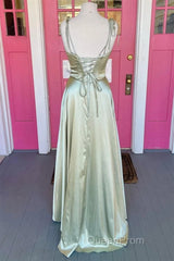 Open Back Sage Satin Long Evening Prom Dresses with High Slit, Long Sage Formal Graduation Evening Dresses