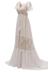 Open Back Short Sleeves V-Neck Lace Beach Wedding Dresses