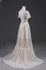 Open Back Short Sleeves V-Neck Lace Beach Wedding Dresses