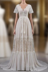 Open Back Short Sleeves V-Neck Lace Beach Wedding Dresses