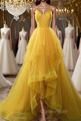 Open Back V Neck High Low Yellow Tulle Long Evening Prom Dresses, High Low Yellow Formal Evening Dresses