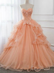 Orange Ball Gown Tulle Strapless Ruffles Long Sweet 16 Quinceanera Dresses