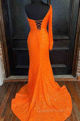 Orange Long Sleeve Sequined Evening Prom Dresses With Slit