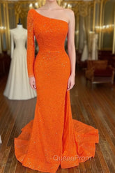 Orange Long Sleeve Sequined Evening Prom Dresses With Slit