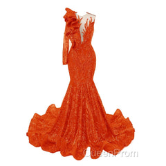 Orange Mermaid One Sleeve Evening Prom Dresses Sequined Lace Jewel Ruffles Evening Party Dresses with Appliques