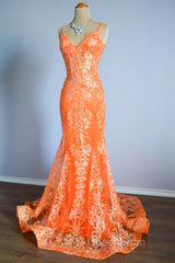 Orange Mermaid Spaghetti Straps Sequins Applique Long Evening Prom Dresses Tulle Evening Dresses