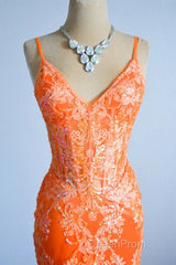 Orange Mermaid Spaghetti Straps Sequins Applique Long Evening Prom Dresses Tulle Evening Dresses