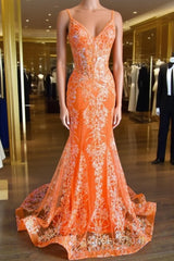 Orange Mermaid Spaghetti Straps Sequins Applique Long Evening Prom Dresses Tulle Evening Dresses