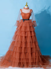 Orange Tulle Long Sleeve Tiers Prom Dress