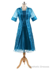 Organza Three Quarters Sleeves Tea Length Mother of the Bride Dress with Jacket