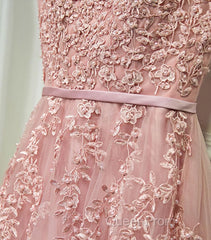 Pink Lace Tulle Long A Line Evening Prom Dresses, Pink Evening Dresses, 1