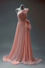 Peach A-Line One Shoulder Chiffon Long Evening Prom Dresses Simple Bridal Dresses