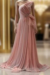 Peach A-Line One Shoulder Chiffon Long Evening Prom Dresses Simple Bridal Dresses