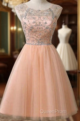 Peach Tulle Beaded Short Cute Homecoming Dresses