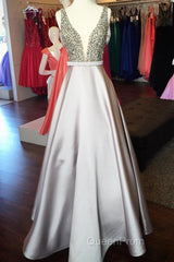 Pearl Beaded V Neck Long Silver Satin Evening Prom Dresses Floor Length