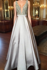 Pearl Beaded V Neck Long Silver Satin Evening Prom Dresses Floor Length