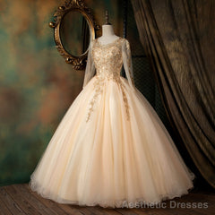 Pearl Pink Long Sleeves Formal Dress with Lace Applique, Pink Formal Gown