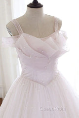 Pearl Pink Straps A Line Tulle Long Evening Prom Dresses with Pearls, Long Formal Gown