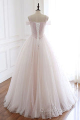 Pearl Pink Straps A Line Tulle Long Evening Prom Dresses with Pearls, Long Formal Gown