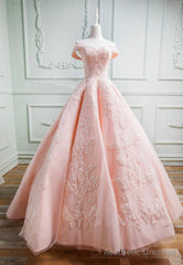 Pink Lace Long A-Line Prom Dresses, Off the Shoulder Evening Dresses