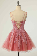 Pink A-line Double Straps V Neck Lace-Up Applique Mini Homecoming Dresses